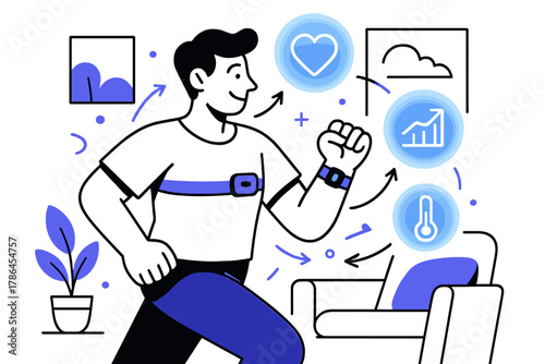 Remote Health Tracking. Remote patient monitoring. Patient at home wearing a smartwatch and connected devices;