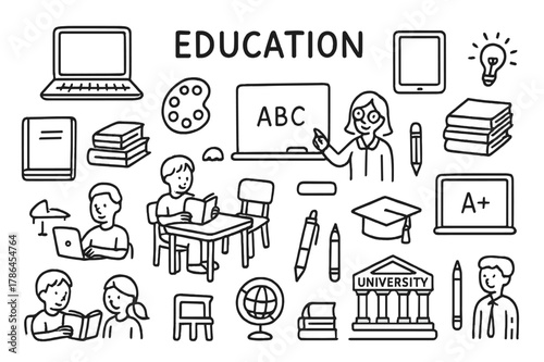 Educational Doodle Icons. Education. Hand-drawn doodle illustration acquiring knowledge books, pencils, laptops, tablets, chairs, desks, blackboards, teachers,