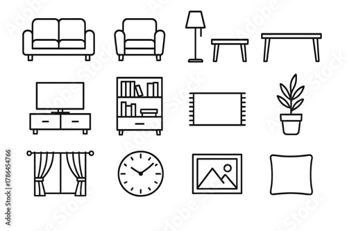 Living Room Icons. Living Room. Line icon set of Living Room: sofa, armchair, floor lamp, coffee table, TV, bookshelf, rug, plant pot, window curtains, clock,