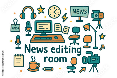 Newsroom Doodle Chaos. News editing room. Hand-drawn doodle illustration of news editing room. Computer, desk,