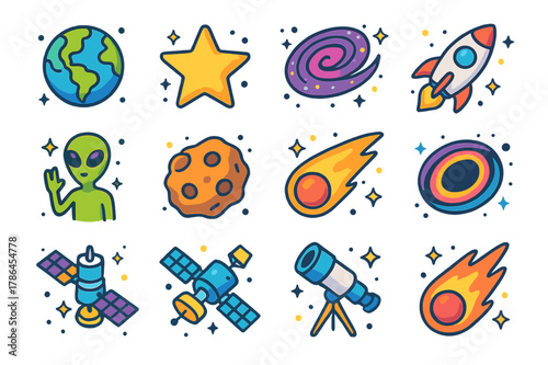 Isometric Space Icons. space. Colorful isometric vector icons set of space: planets, stars, galaxies, rockets, aliens, asteroids, comets, black holes, space
