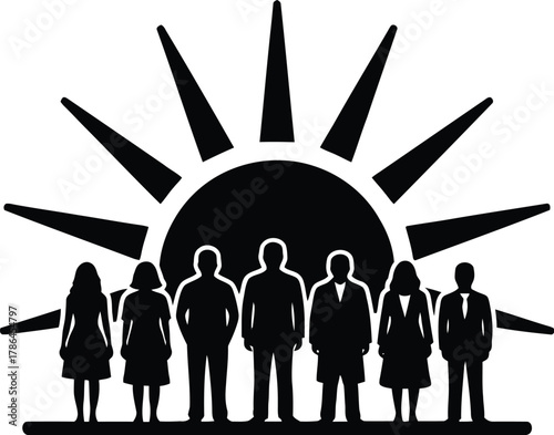 Silhouette of figures rising with the sun, symbolizing hope