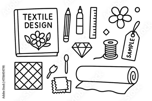 Textile Design Essentials. Textile design. Hand-drawn doodle illustration textile design sketchbook, pencil, ruler, swatches, pattern grid, brush, ink bottle,