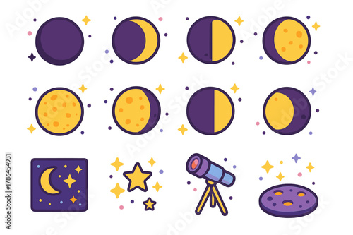 Colorful Moon Icons. Moon cycle. Colorful isometric vector icons set of moon cycle: new moon, waxing crescent, first quarter, waxing gibbous, full moon, waning