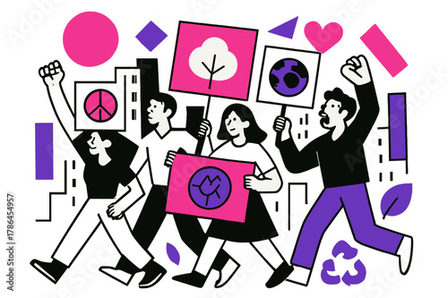 Vibrant Environmental March. Environmental Protests. Marchers carrying banners through city streets with floating abstract geometric shapes and environmental