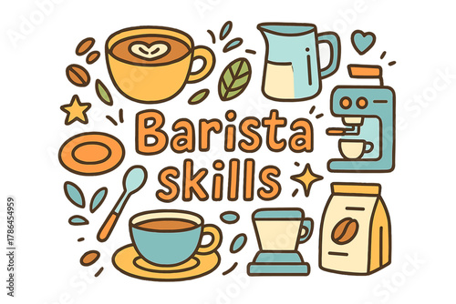 Barista Skills Doodle. Barista skills. Hand-drawn doodle illustration of barista skills. Coffee cup, milk