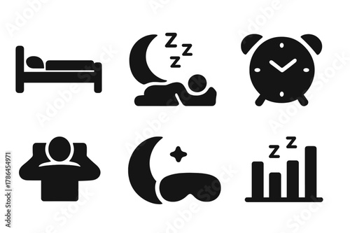 Sleep and Recovery Icons. Sleep and recovery. Filled icon set of sleep and recovery: bed icon, moon and stars,