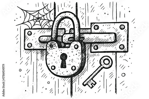 Corroded Lock Illustration. Corroded Lock. Hand-drawn doodle illustration Corroded Lock padlock, rust, key, chain, latch, hinges, scratches, dust, cobweb,