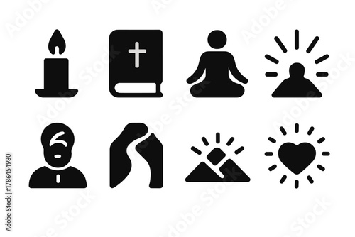 Spiritual Icons Collection. Spiritual guidance. Filled icon set of spiritual guidance: candle flame, holy book