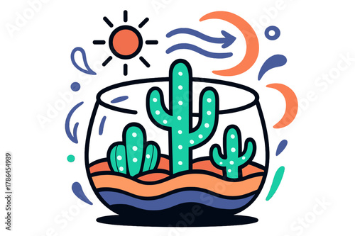 Glowing Desert Terrarium. Desert terrarium. Glowing cacti and sand layers inside a glass container, abstract