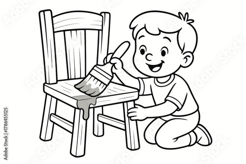 Kid Painting Chair. Painting a chair children?s coloring book illustration, outlined drawing, smiling kid