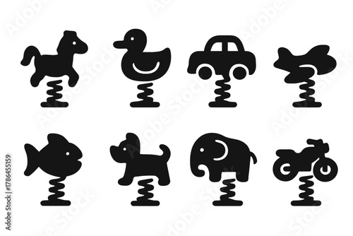 Playground Spring Animals. Spring rider animals. Filled icon set of spring rider animals: horse, duck, car,