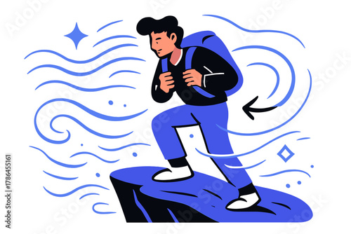 Windy Desert Adventure. Windy cliff edge. Person holding onto backpack straps as desert winds swirl around;