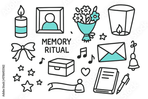 Memory Ritual Icons. // Memory ritual. Hand-drawn doodle illustration Memory ritual [candle (accented), photo frame (accented), bouquet (accented), ribbon,