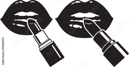 Two glossy black lips applying lipstick silhouette