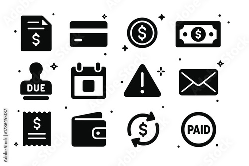 Payment Icons Grid. Payment and Bill Reminders. Solid icons set of Payment and Bill Reminders: invoice, credit card, dollar coin, banknote, due date stamp,