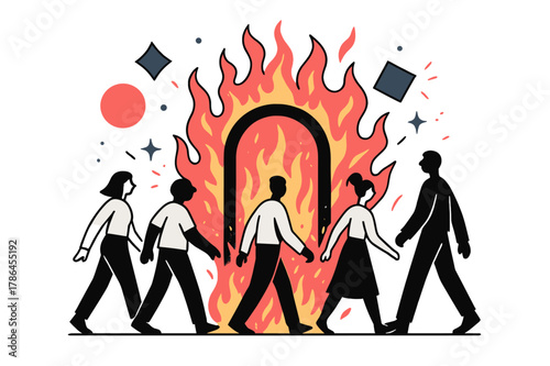 Fiery Geometric Journey. Figures Walking Towards Fiery Gates. People approaching flaming gates with floating abstract geometric shapes and sparks, dark and