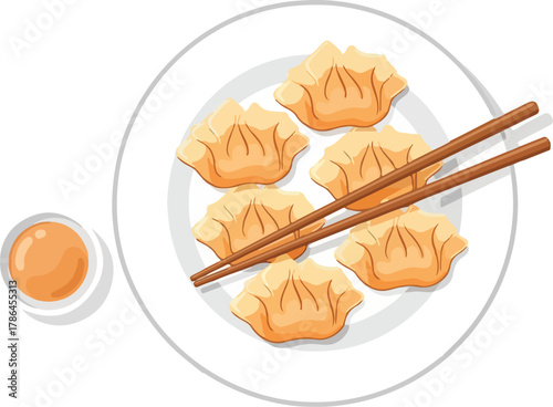 Delicious Steamed or Pan Fried Asian Dumplings Gyoza on White Plate with Chopsticks and Dipping Sauce