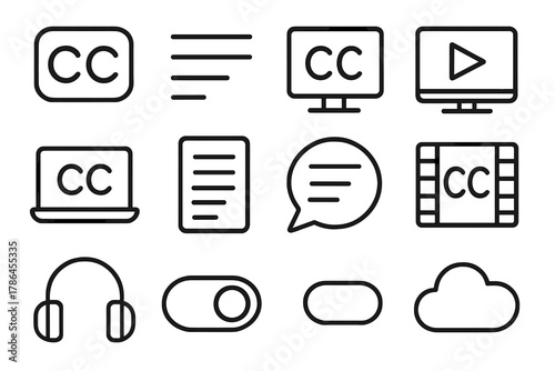 Closed Caption Icons Grid. Closed captioning. Line outline icon set of closed captioning: closed captions icon