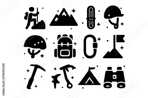 Mountain Climbing Icons. Mountain Climbers. Solid icons set of Mountain Climbers: climber, mountain, rope, helmet, backpack, carabiner, ice axe, crampons,