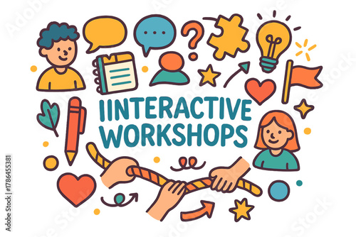 Interactive Workshop Doodles. Interactive workshops. Hand-drawn doodle illustration of interactive workshops.