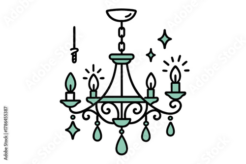 Modern Chandelier Doodle. // Modern chandelier. Hand-drawn doodle illustration Modern chandelier [chandelier frame (accented), hanging crystals (accented),