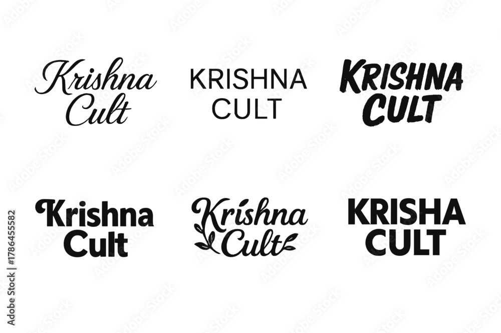 Obraz premium Krishna Lettering Variations. Krishna Cult. Set lettering. harmonious lettering variations of the same emblematic concept, each with different artistic