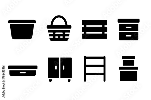 Storage Icons Set. Storage solutions. Filled icon set of storage solutions: plastic bin, wicker basket, wooden
