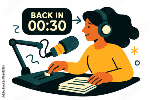 Radio Ad Break Prep. Radio Studio Desk ? Ad Break Prep. Timer ticks toward zero above a neat stack of cue cards; a fader eases down. Tag ?back in :? hovers