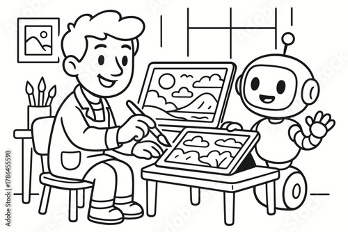 Creative Duo Collaboration. Digital art studio children?s coloring book illustration, outlined drawing,