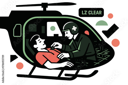 Night Vision Medevac. Night-Vision Medevac. Green NVG glow rims the cabin; a medic checks vitals as the city grid flickers below. A floating HUD tag reads ?LZ