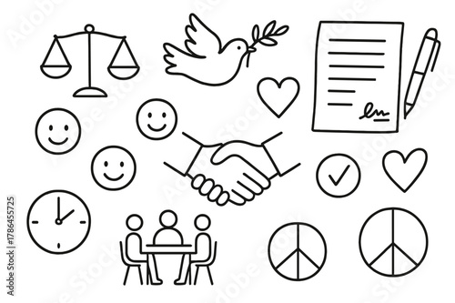 Peaceful Agreement Doodle. Peaceful agreement. Hand-drawn doodle illustration peaceful agreement handshake, dove, olive branch, signed document, smiling faces,