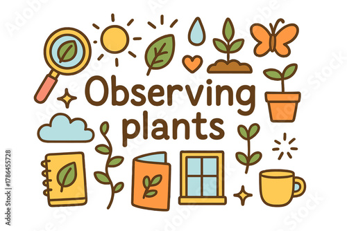 Observing Plants Doodle. Observing plants. Hand-drawn doodle illustration of observing plants. Magnifying