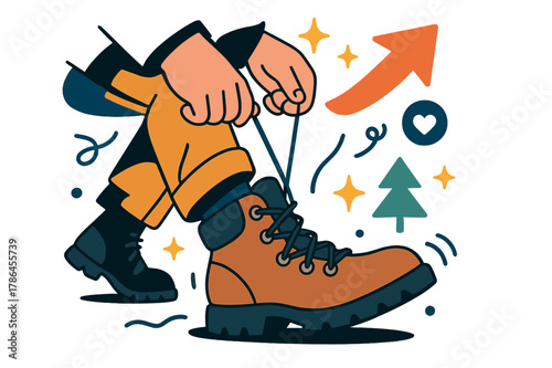 Adventure Ready Boots. Boot. Person tying laces on hiking boots with abstract floating arrows, sparkles, and icons; conveys adventure, preparation, and outdoor