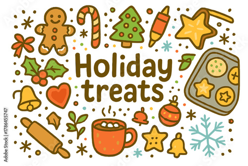 Festive Holiday Treats. Holiday treats. Hand-drawn doodle illustration of Holiday treats. Gingerbread cookies,
