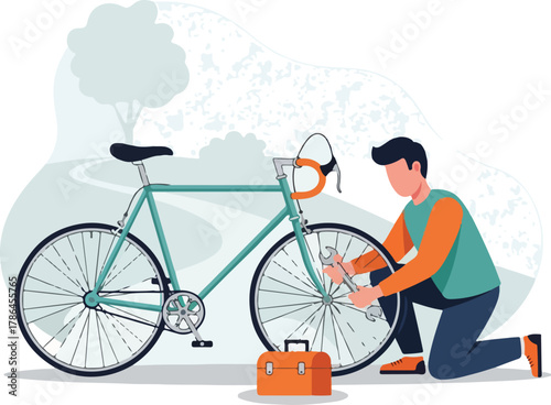 Man Repairing Bicycle Wheel Outdoors Road Bike Maintenance Illustration
