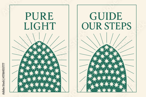 Sacred Geometry Banners. Sacred Geometry Light. Two vertical A6 banners with safe margins, centered composition, no elements touching edges, geometric, emerald