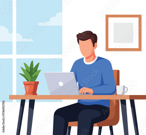 Man Working Remotely on Laptop at Home Office Desk with Plants and Natural Light