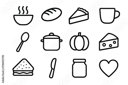 Comfort Food Icons. Comfort food. Line outline icon set of comfort food: soup bowl, bread, pie slice, cup,
