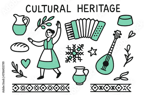 Cultural Heritage Doodles. // Cultural heritage. Hand-drawn doodle illustration Cultural heritage [folk dancer (accented), accordion (accented), traditional