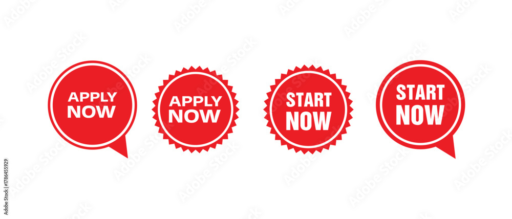 Obraz premium Apply Now and Start Now button label set modern red badge design for web banners, recruitment ads, business promotions, marketing campaigns, and digital call to action graphics