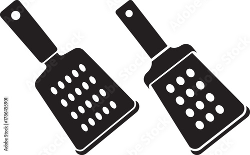 Two black silhouette kitchen graters with handles and perforated surfaces