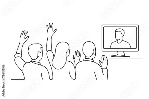 Interactive Virtual Meeting. Employee Engagement. Minimalistic one-line drawing participants raising hands or