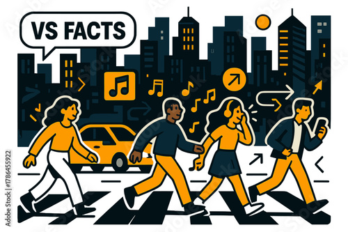 Vibrant City Vibes. VS FACTS. Vibrant cityscape, bustling streets, towering skyscrapers, neon lights. Cars moving, people walking, music playing. Modern flat