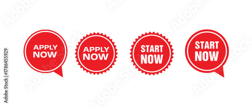 Apply Now and Start Now button label set modern red badge design for web banners, recruitment ads, business promotions, marketing campaigns, and digital call to action graphics