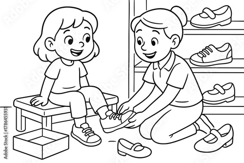 Shoe Fitting Fun. Shoe fitting children?s coloring book illustration, outlined drawing, child trying on shoes