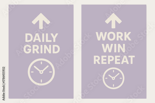 Daily Grind Banners. Daily grind. Two vertical A6 banners with safe margins, centered composition, no elements touching edges, minimal, lavender and cream,