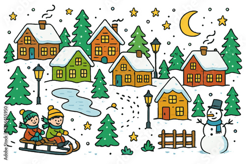 Snowy Village Scene. Snowy village. Colorful Hand-drawn doodle Children illustration Snowy village wooden cabins, rooftops with snow, street lanterns, smoke