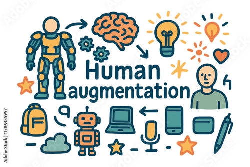 Human Augmentation Doodle. Human augmentation. Hand-drawn doodle illustration of human augmentation. Exosuit,