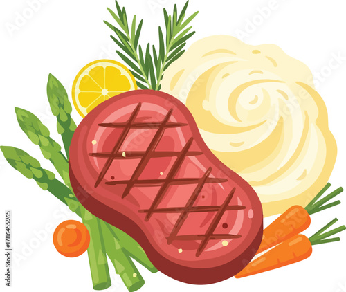 Delicious Grilled Steak Dinner with Mashed Potatoes Asparagus and Carrots Illustration
